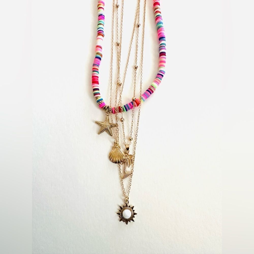 RAINBOW POLYMER CLAY BOHEMIAN MULTI LAYERED BEACH NECKLACES STARFISH PALMS MOON
